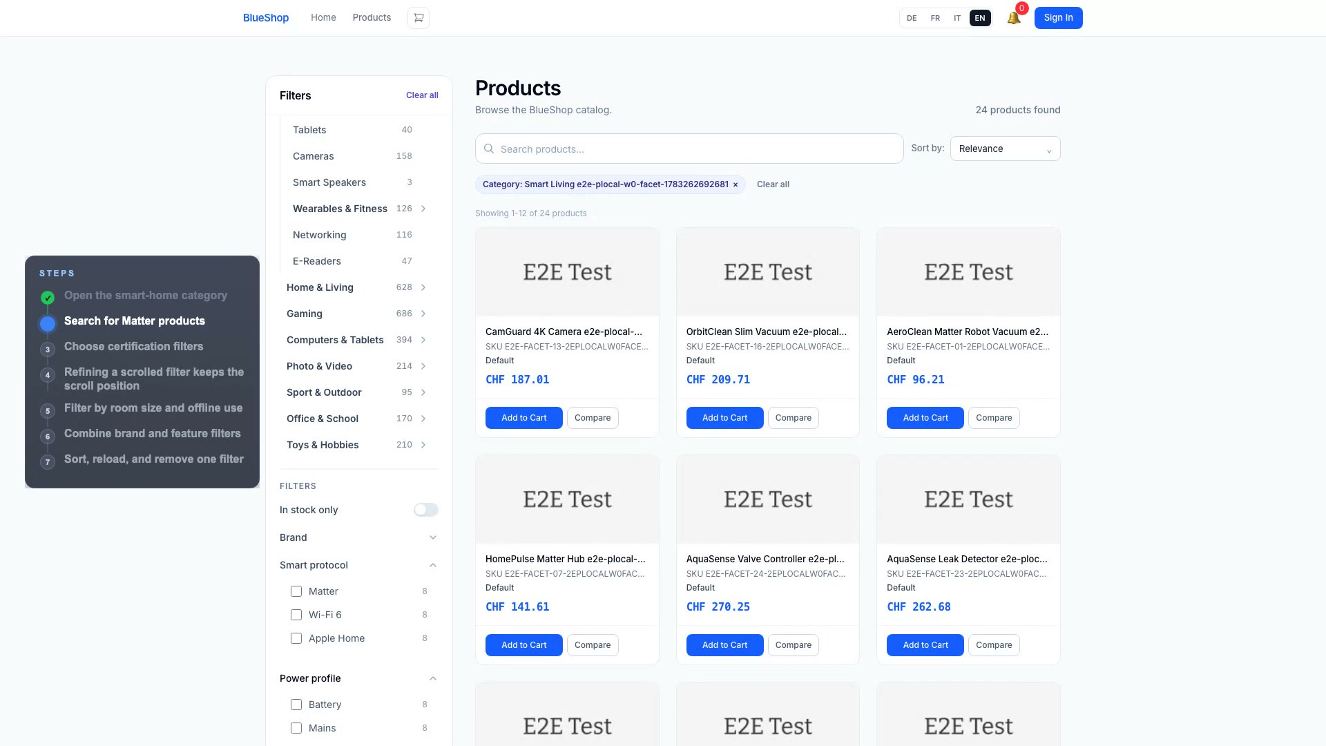 A shopper refining BlueShop search with facets and sorting