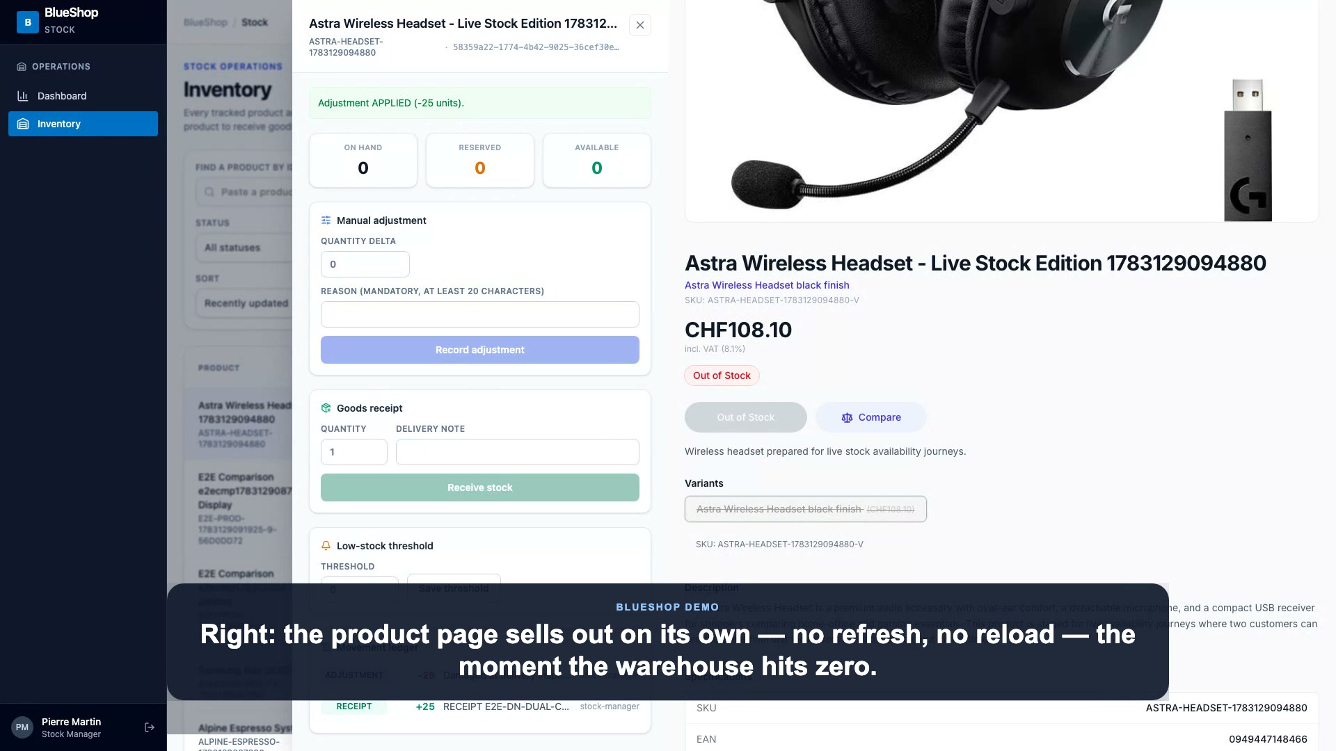 A warehouse stock change becoming visible on the storefront